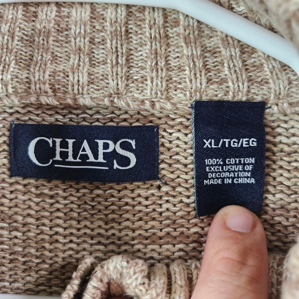Chaps Mens XL Tan Marled Cotton Mock Neck Henley Sweater Elbow Patches Logo